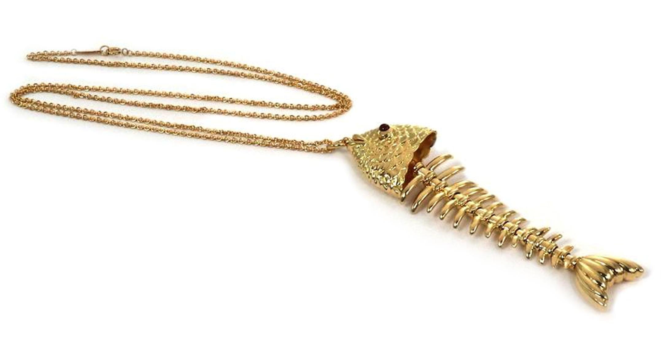 Modern Tiffany & Co. Ruby 18k Yellow Gold Large Fish Bone Pendant Necklace, Rare For Sale