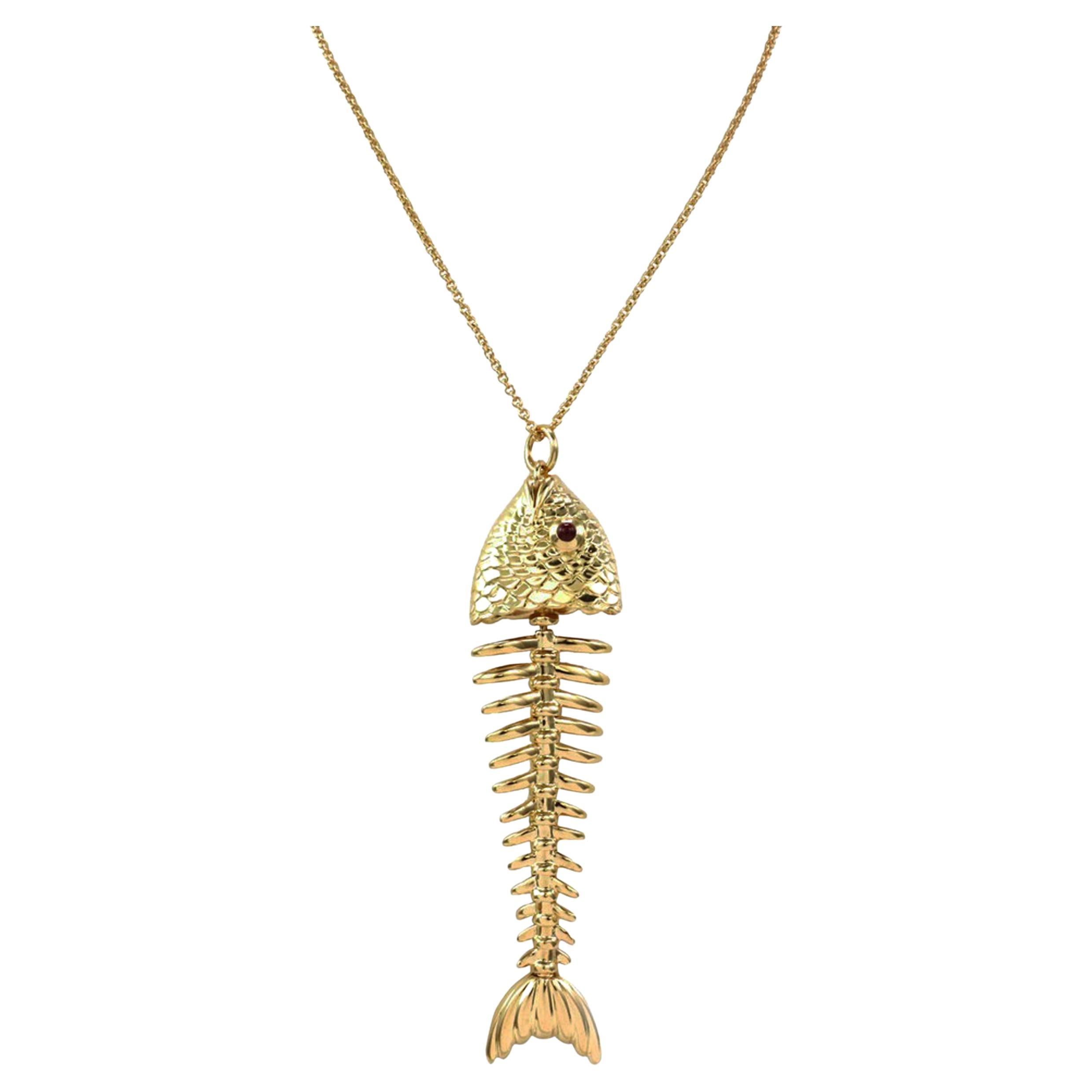 Tiffany & Co. Ruby 18k Yellow Gold Large Fish Bone Pendant Necklace, Rare For Sale