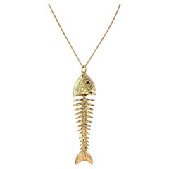 Vintage Tiffany & Co. Ruby 18k Yellow Gold Large Fish Bone Pendant Necklace, Rare