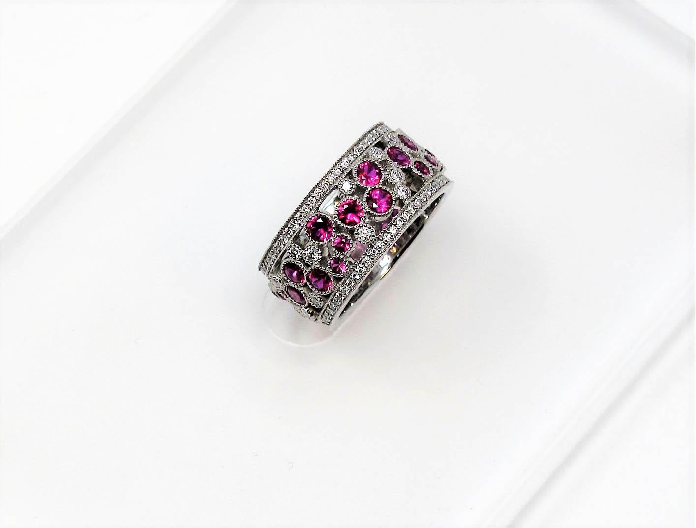 Round Cut Tiffany & Co. Ruby and Diamond Cobblestone Eternity Band Ring in Platinum 6.5