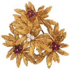 Tiffany & Co. Ruby Diamond Floral Cluster 18 Karat Yellow Gold Brooch Pin