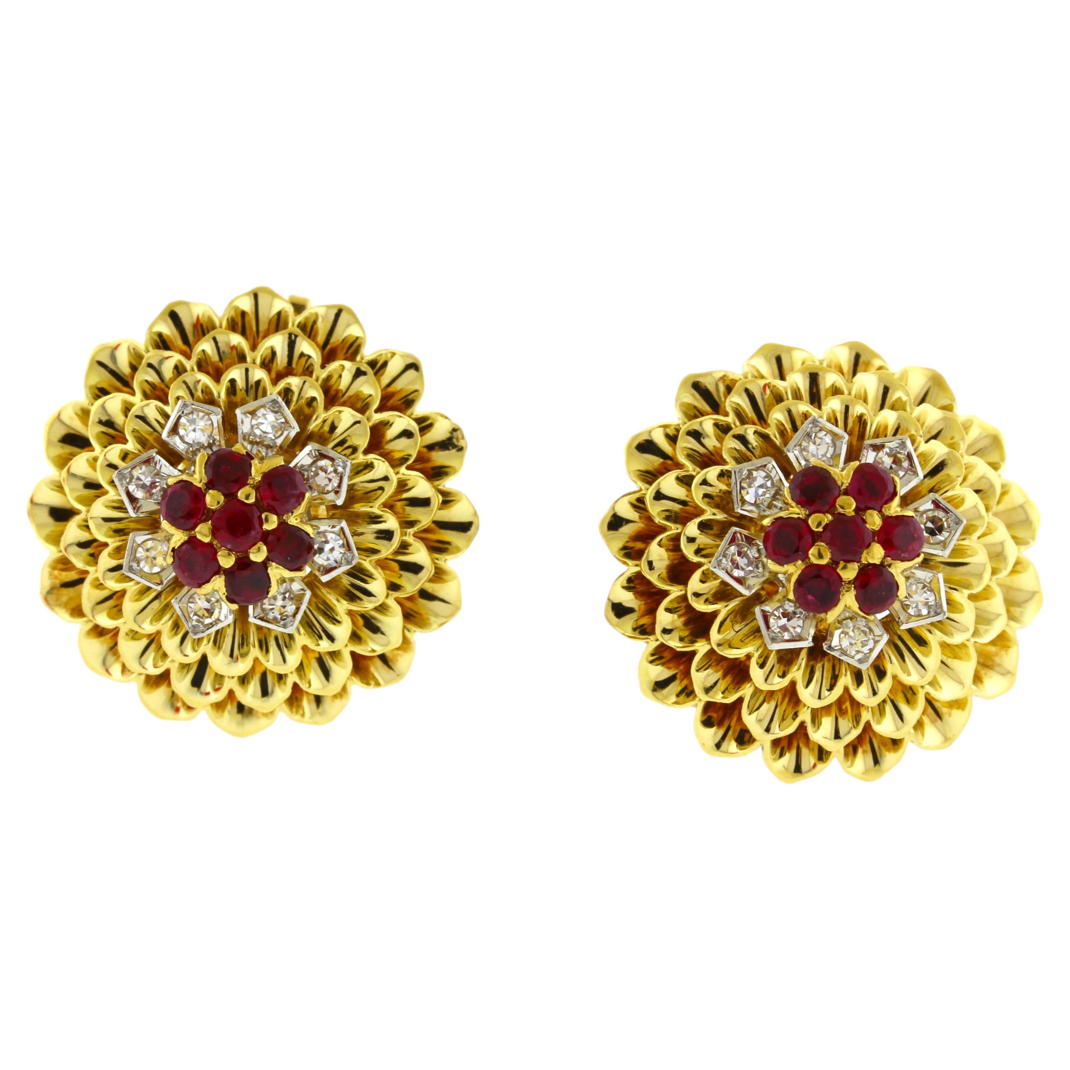 Tiffany & Co. Ruby and Diamond Flower Earrings 18kt