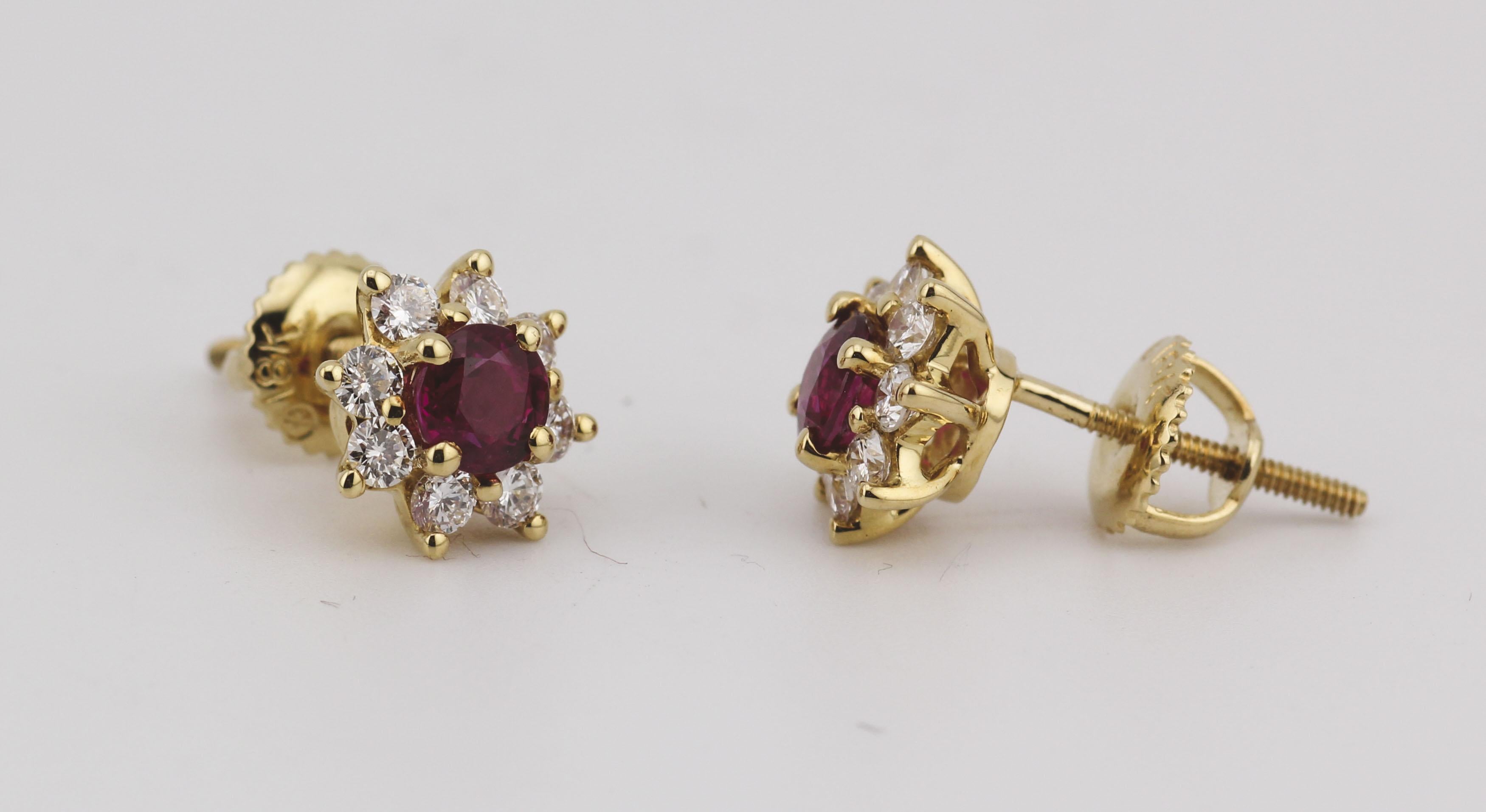 Exemplifying timeless elegance and exceptional craftsmanship, these exquisite Tiffany & Co. Ruby and Diamond Halo Stud Earrings evoke the grace and sophistication of a bygone era. Crafted in the opulence of 18k yellow gold, these earrings are a true