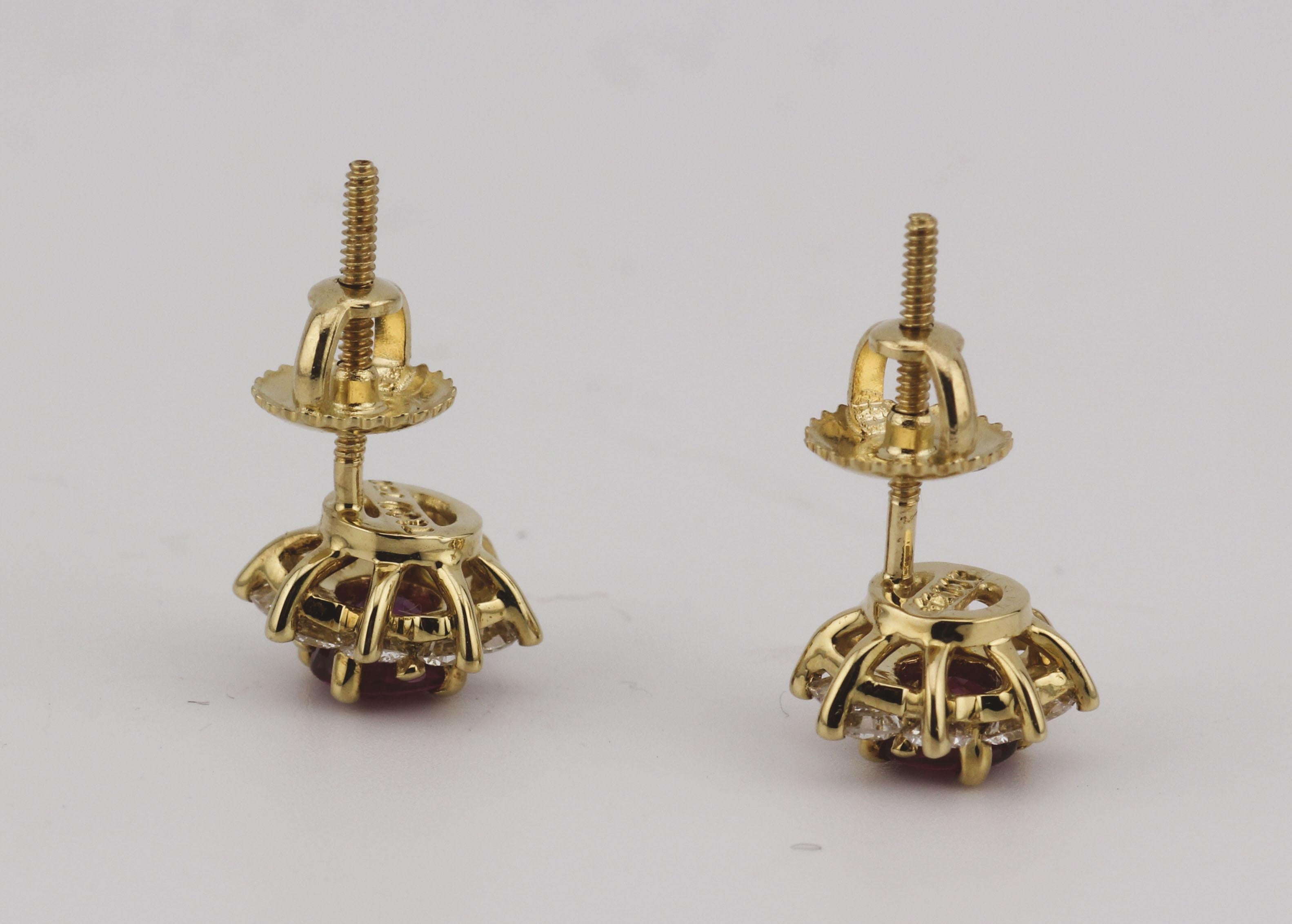 Tiffany & Co. Ruby and Diamond Halo 18k Yellow Gold Stud Earrings In Good Condition In Simpsonville, SC