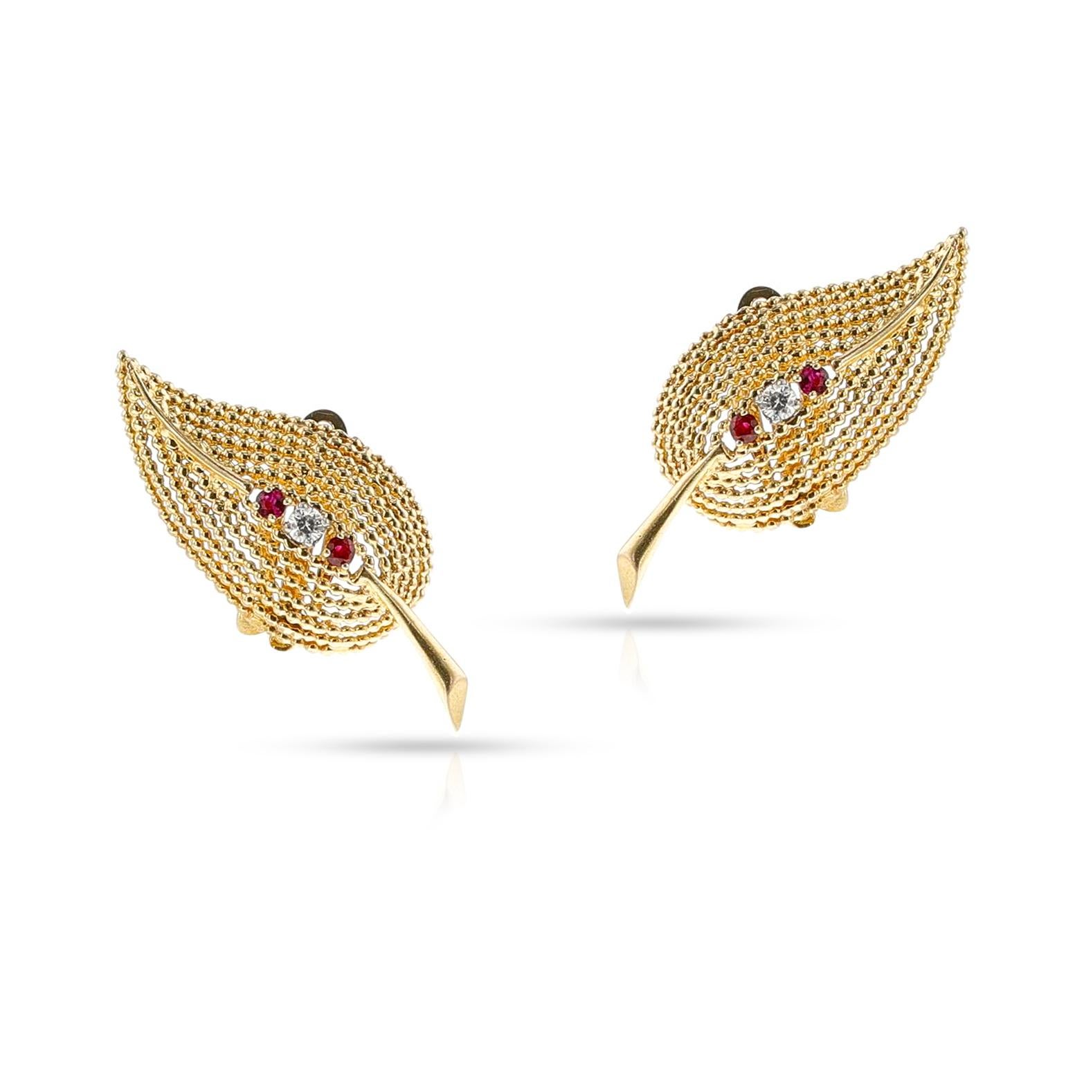 Tiffany & Co. Ruby and Diamond Leaf Earrings, 14k In Excellent Condition In New York, NY