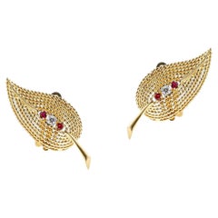 Tiffany & Co. Ruby and Diamond Leaf Earrings, 14k