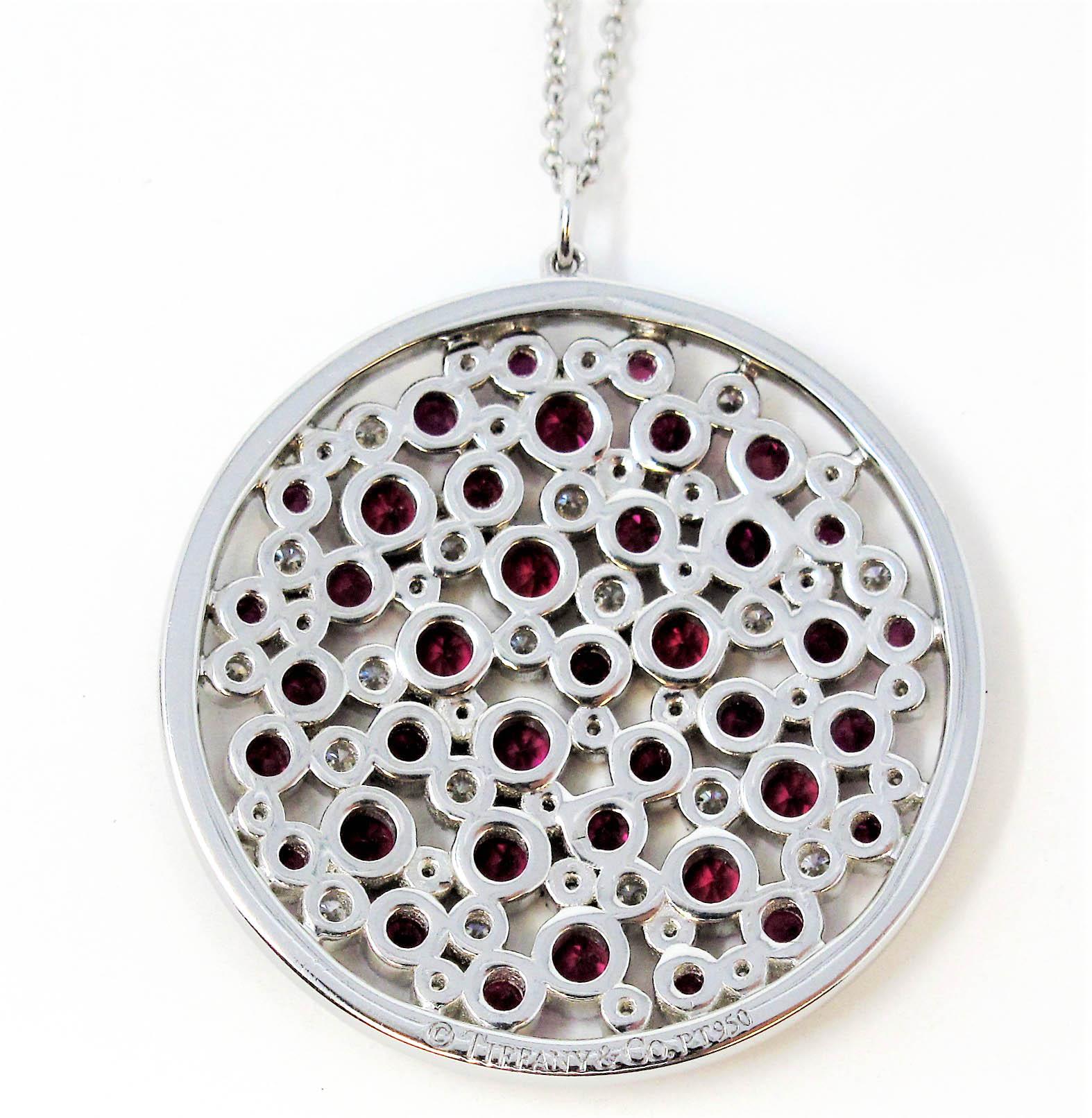 Tiffany & Co. Ruby and Diamond Platinum Cobblestone Medallion Pendant Necklace In Good Condition In Scottsdale, AZ