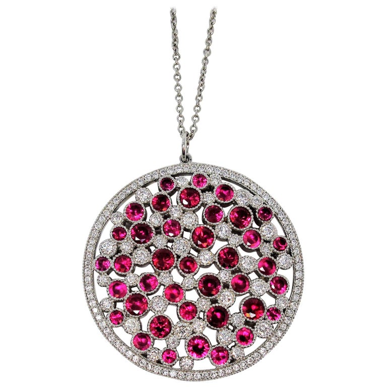 Tiffany Ruby and Diamond Platinum Cobblestone Medallion Pendant  Necklace