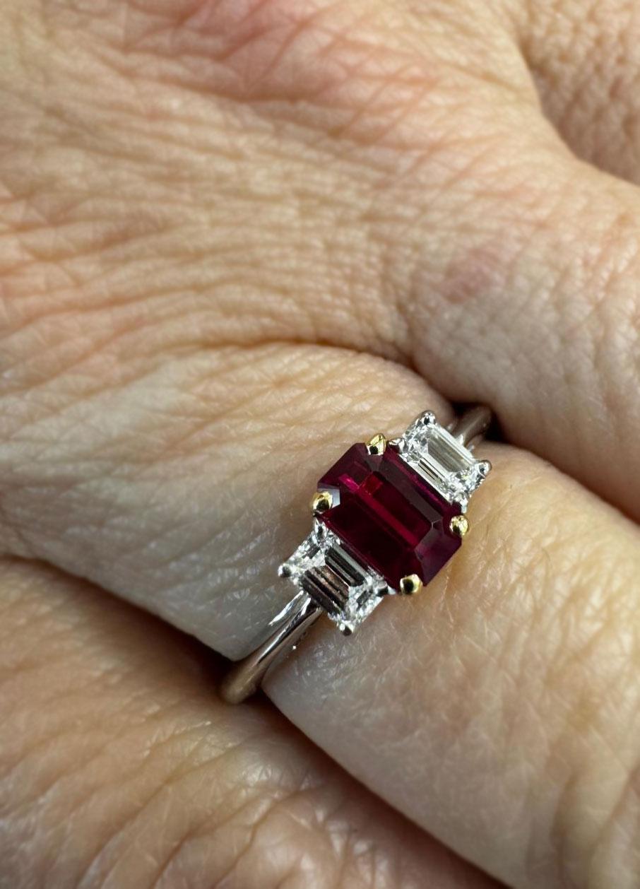 Taille émeraude Tiffany & Co. Ruby and Diamond Three-Stone Engagement ring en vente