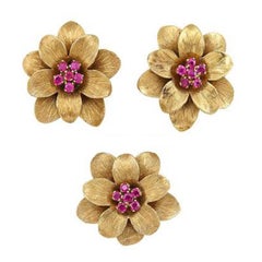 Vintage Tiffany & Co. Ruby and Gold Floral Earrings and Single Earclip