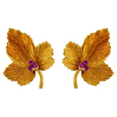 Tiffany & Co. Ruby Autumn Leaf Earrings 18k Gold Original Pouch