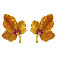 Tiffany & Co Ruby Autumn Leaf Earrings 18k Gold Original Pouch