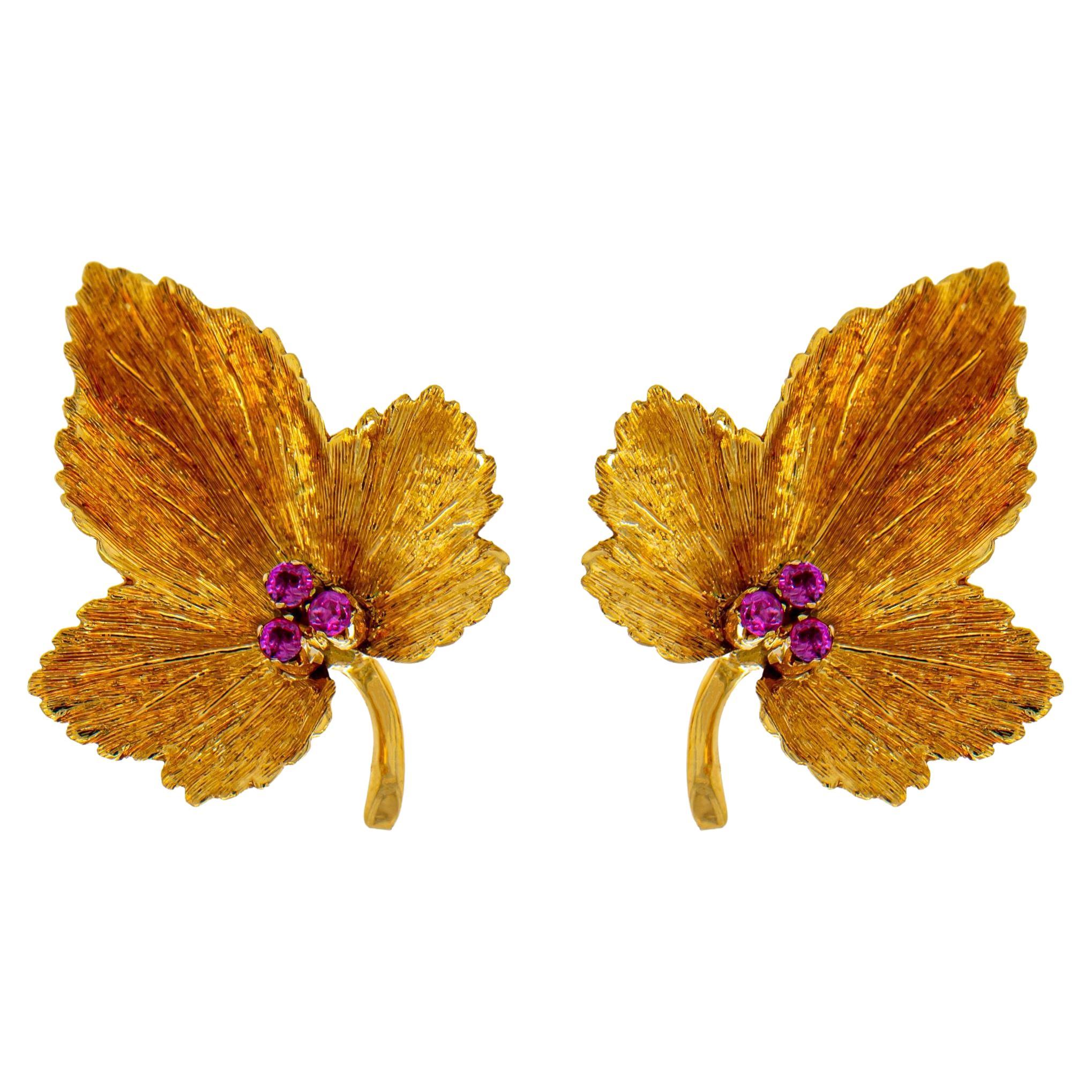 Tiffany & Co. Ruby Autumn Leaf Earrings 18k Gold Original Pouch