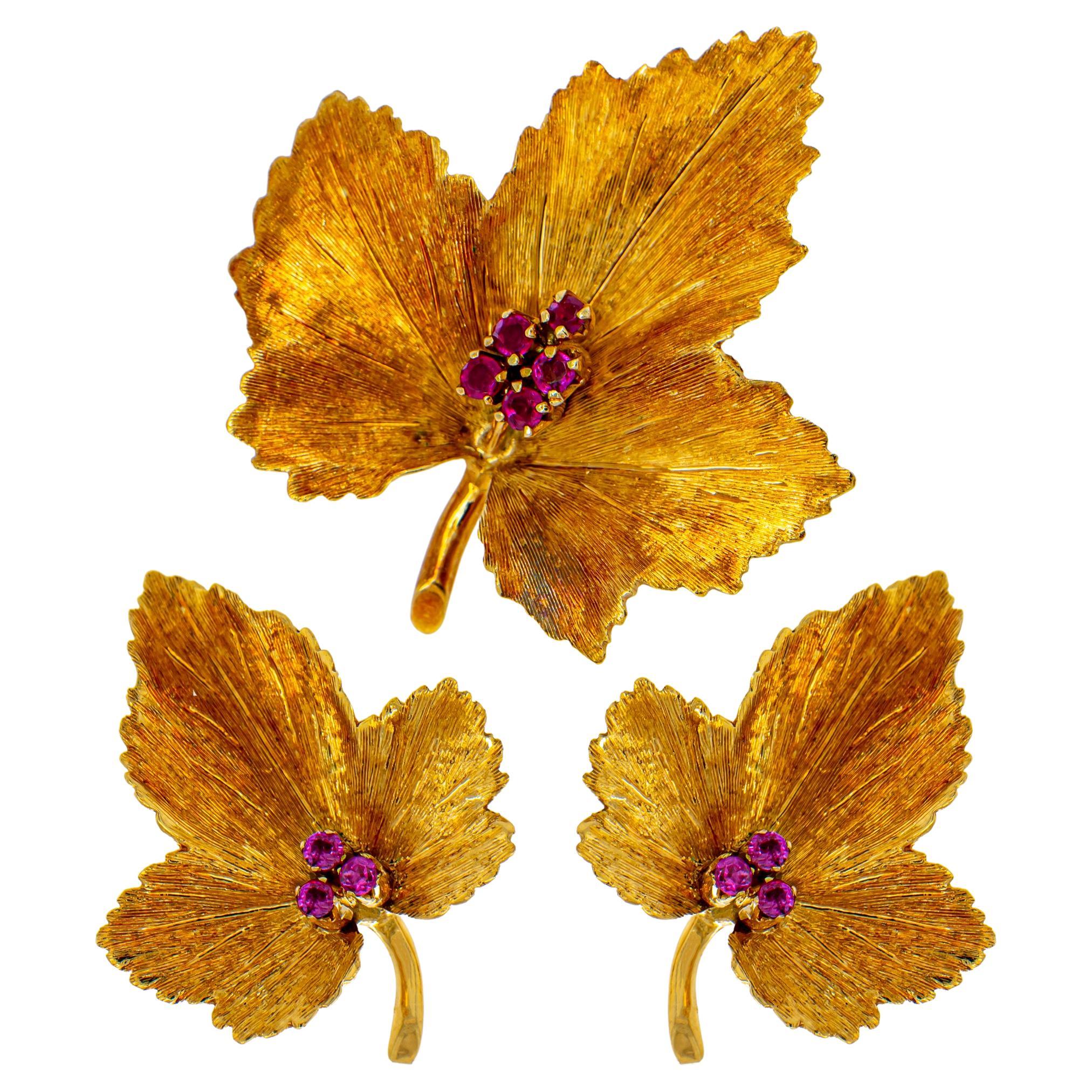 Tiffany & Co. Parure de bijoux feuille d'automne en or 18 carats avec pochette d'origine en rubis