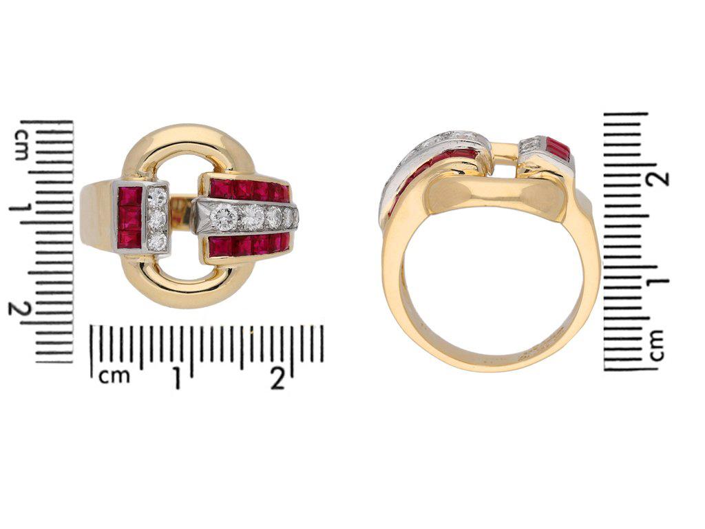 Baguette Cut Tiffany & Co ruby cocktail buckle ring, circa 1945. For Sale