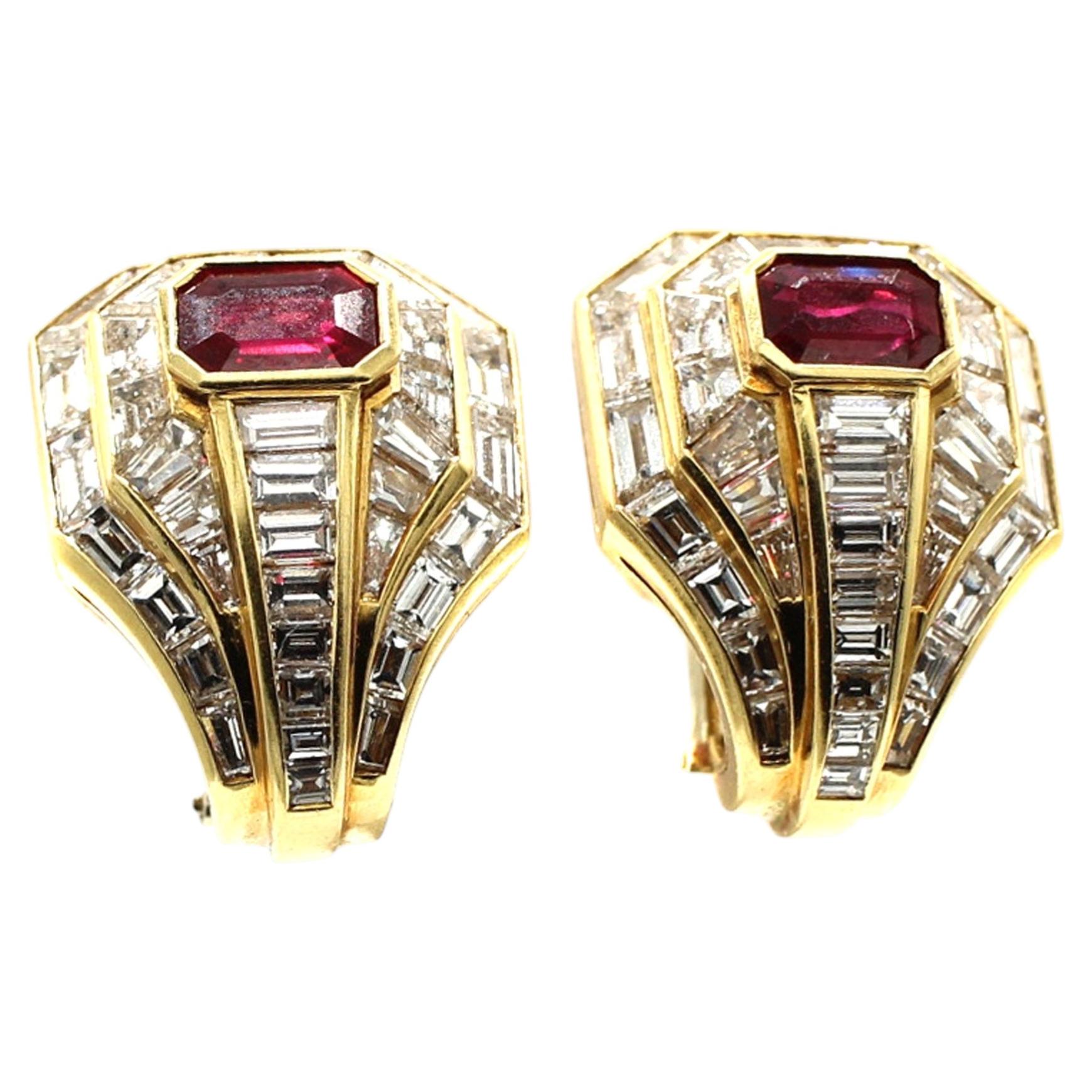 Tiffany & Co Ruby Diamond 18 Karat Yellow Gold Earrings