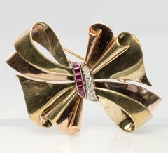 Tiffany & Co Ruby Diamond Brooch Bow Ribbon 14K Gold
