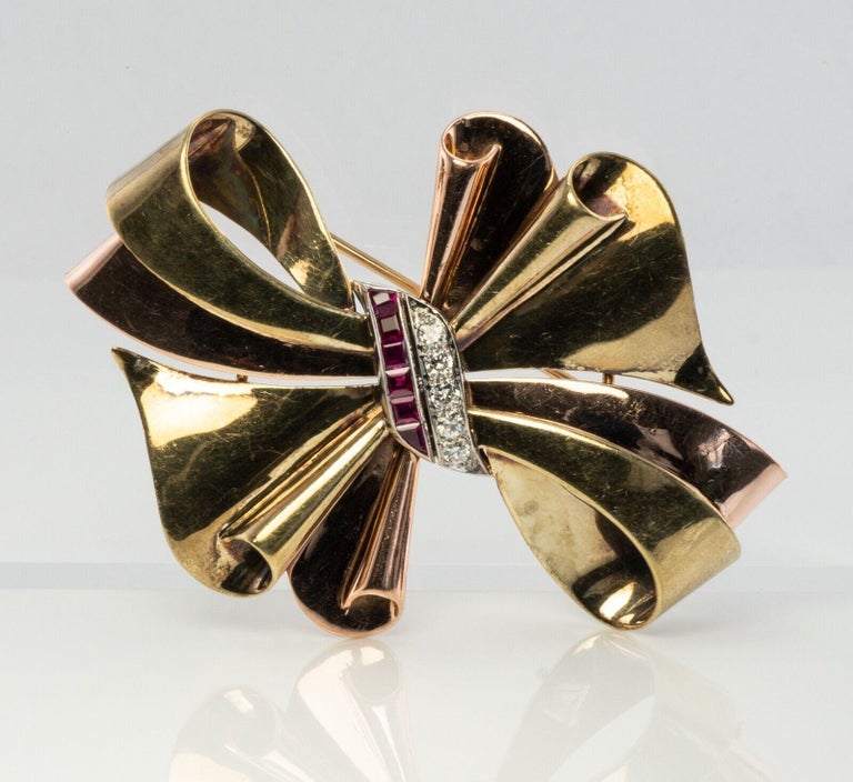 Tiffany and Co Ruby Diamond Brooch Bow Ribbon 14K Gold For Sale at 1stDibs