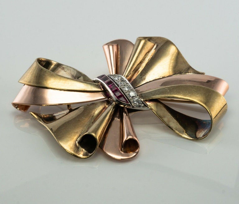 Tiffany and Co Ruby Diamond Brooch Bow Ribbon 14K Gold For Sale at 1stDibs