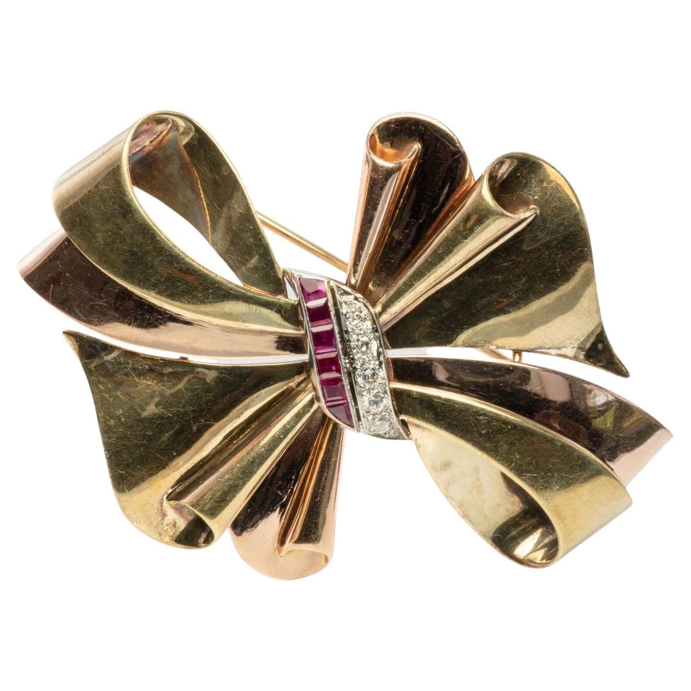 Tiffany and Co Ruby Diamond Brooch Bow Ribbon 14K Gold For Sale at ...