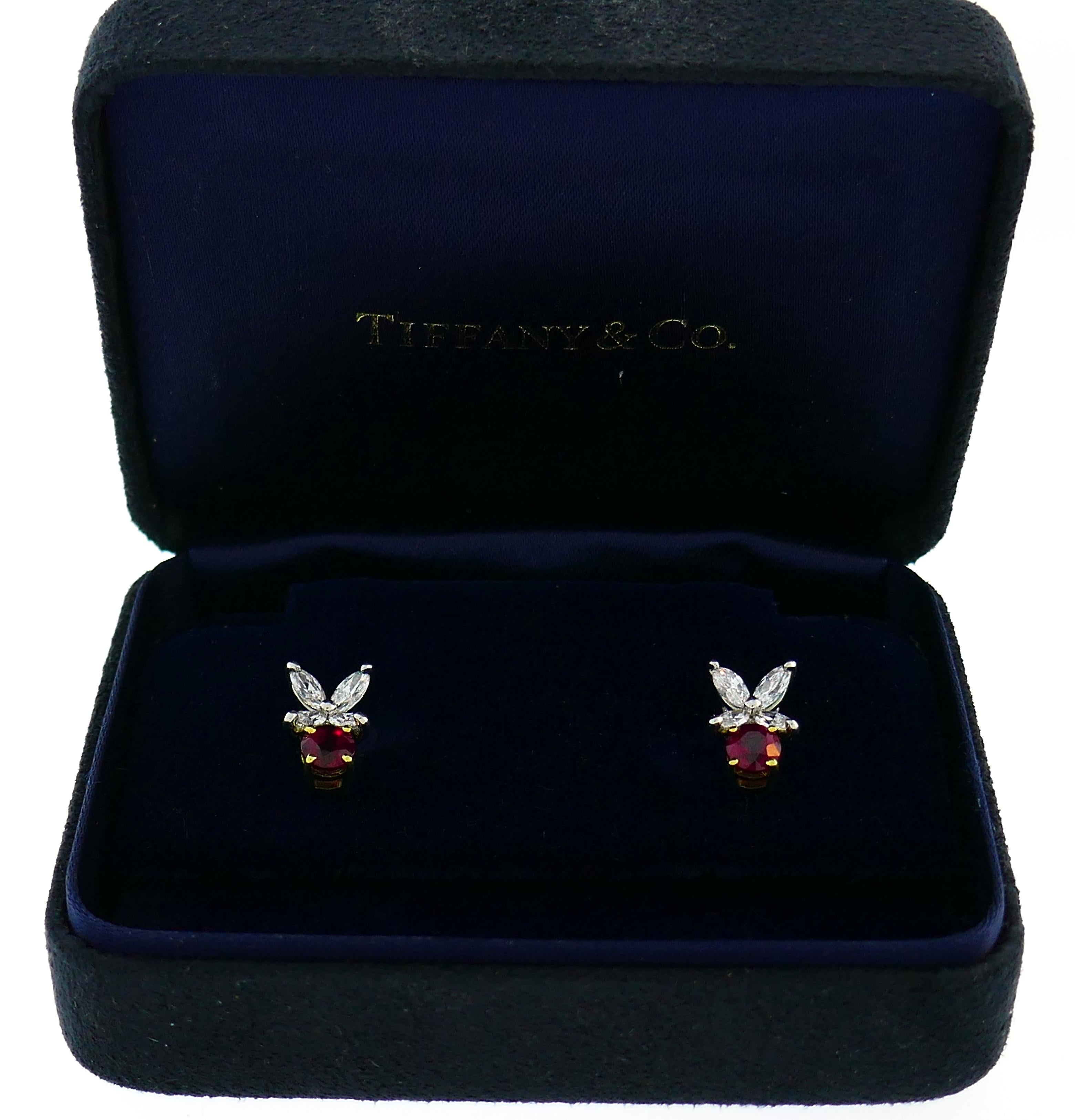 Tiffany & Co. Ruby Diamond Stud Earrings in Platinum and Yellow Gold Studs In Excellent Condition In Beverly Hills, CA