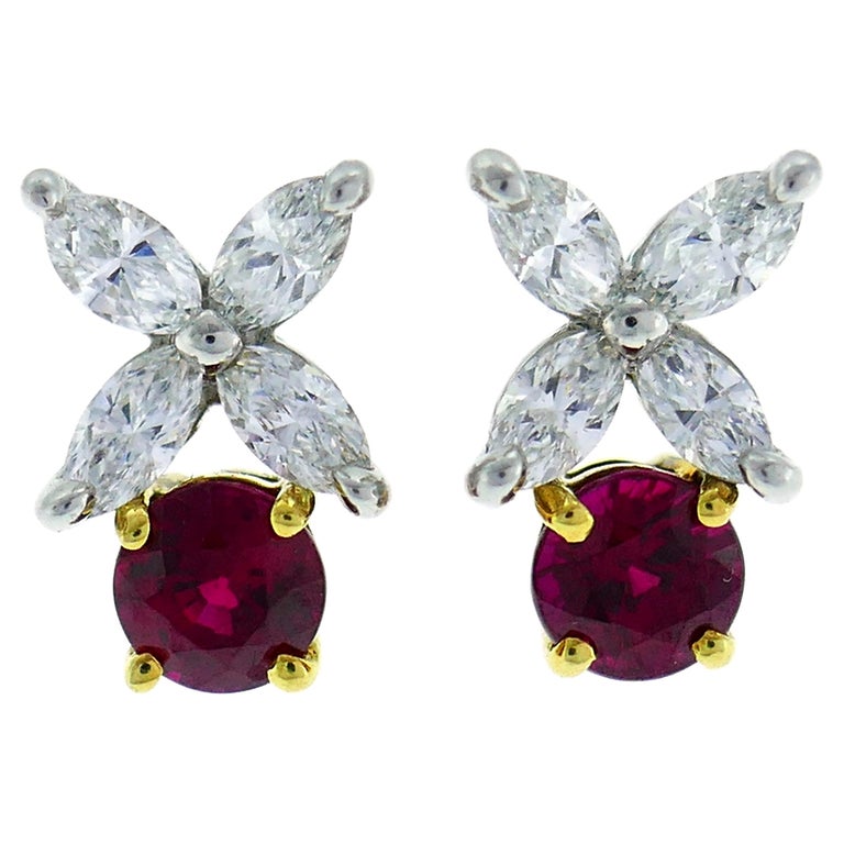 Tiffany and Co. Ruby Diamond Stud Earrings in Platinum and Yellow Gold