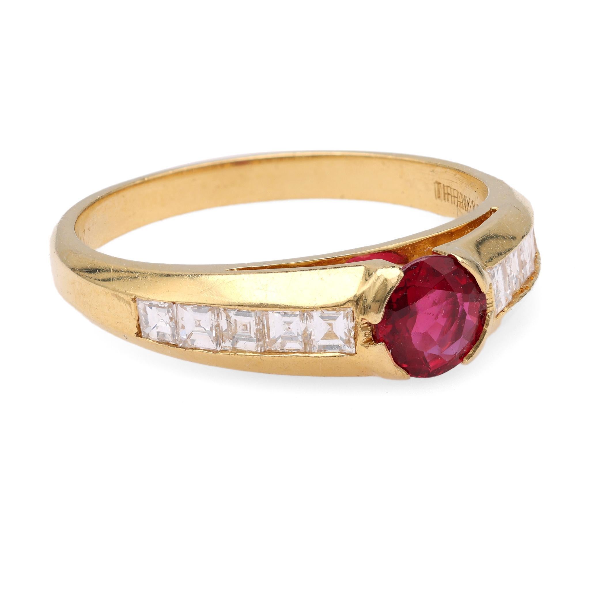 Brilliant Cut Tiffany & Co Ruby Diamond Yellow Gold Ring For Sale