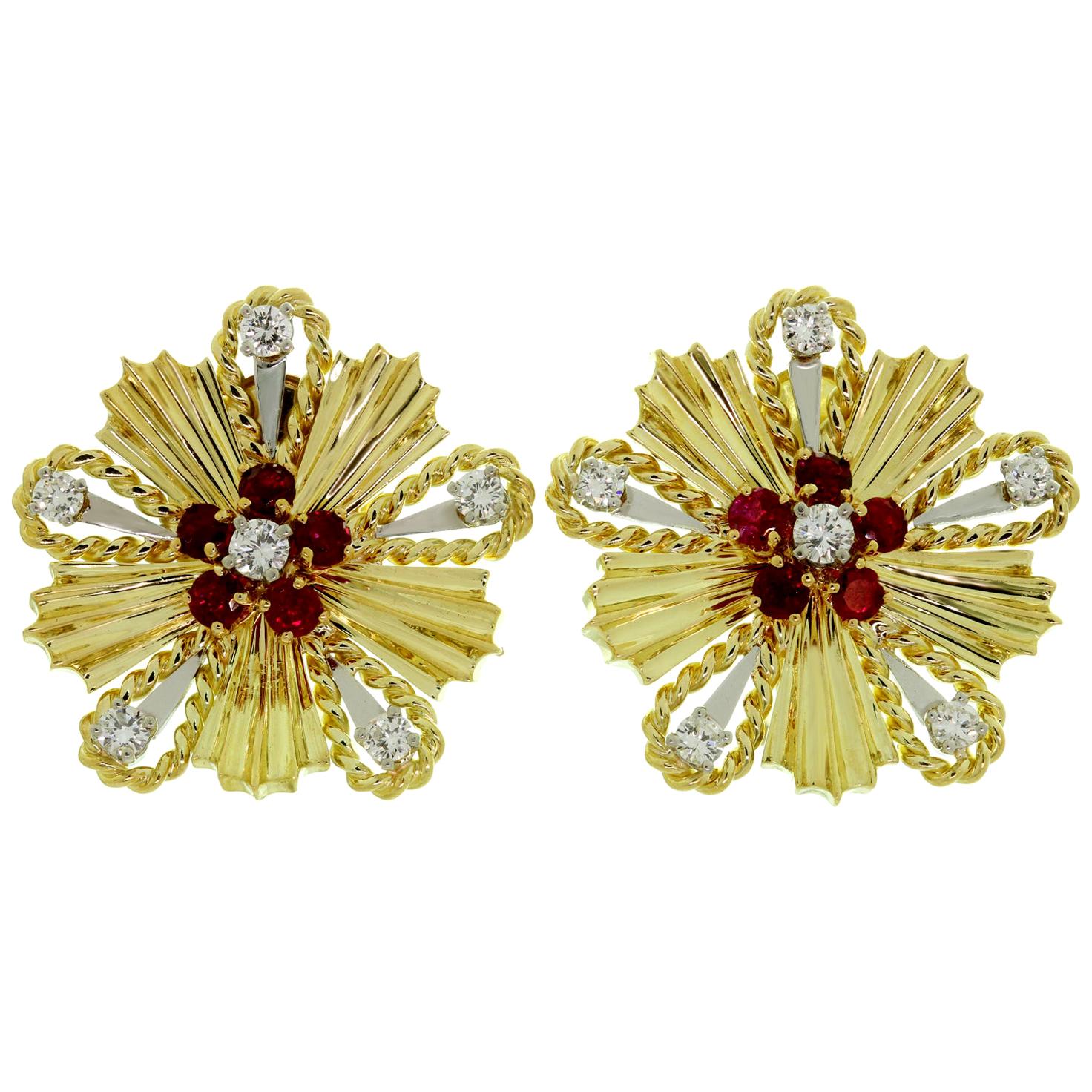 Tiffany & Co. Ruby Diamond Yellow Gold Starburst 1960s Earrings