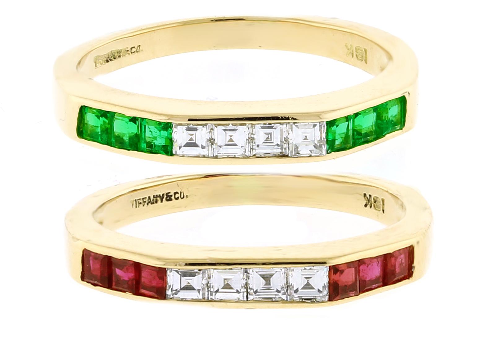 From Tiffany & Co., the ruby & diamond, and emerald & diamond stackable rings are a size 6.5.  
♦ Designer: Tiffany & Co.
♦ Metal: 18kt yellow gold
♦ Gemstone: Diamonds, Emeralds and Rubies
♦ Gemstone Weights: 6Emeralds=.30cts &