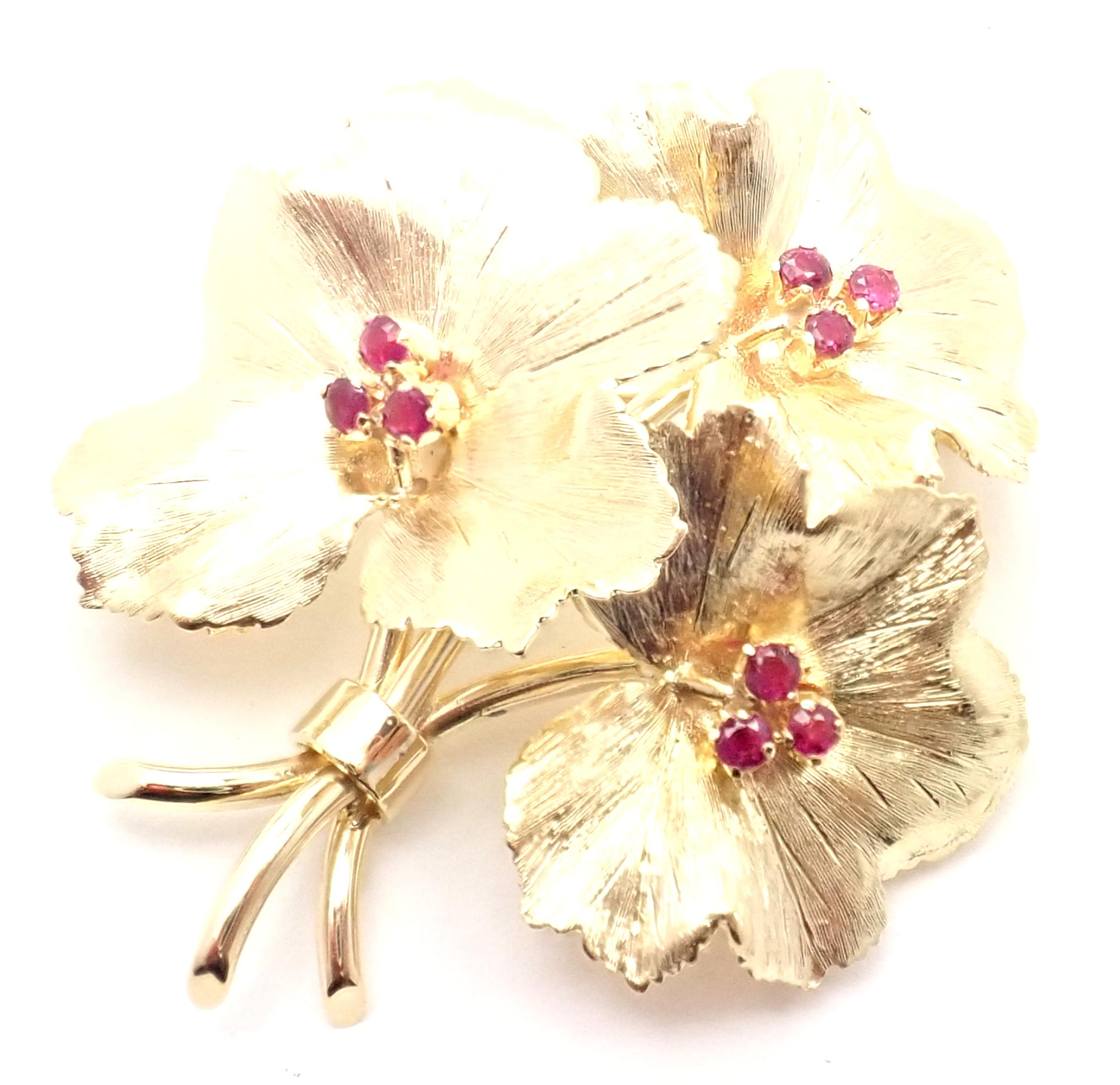 Brilliant Cut Tiffany & Co. Ruby Flower Yellow Gold Brooch Pin