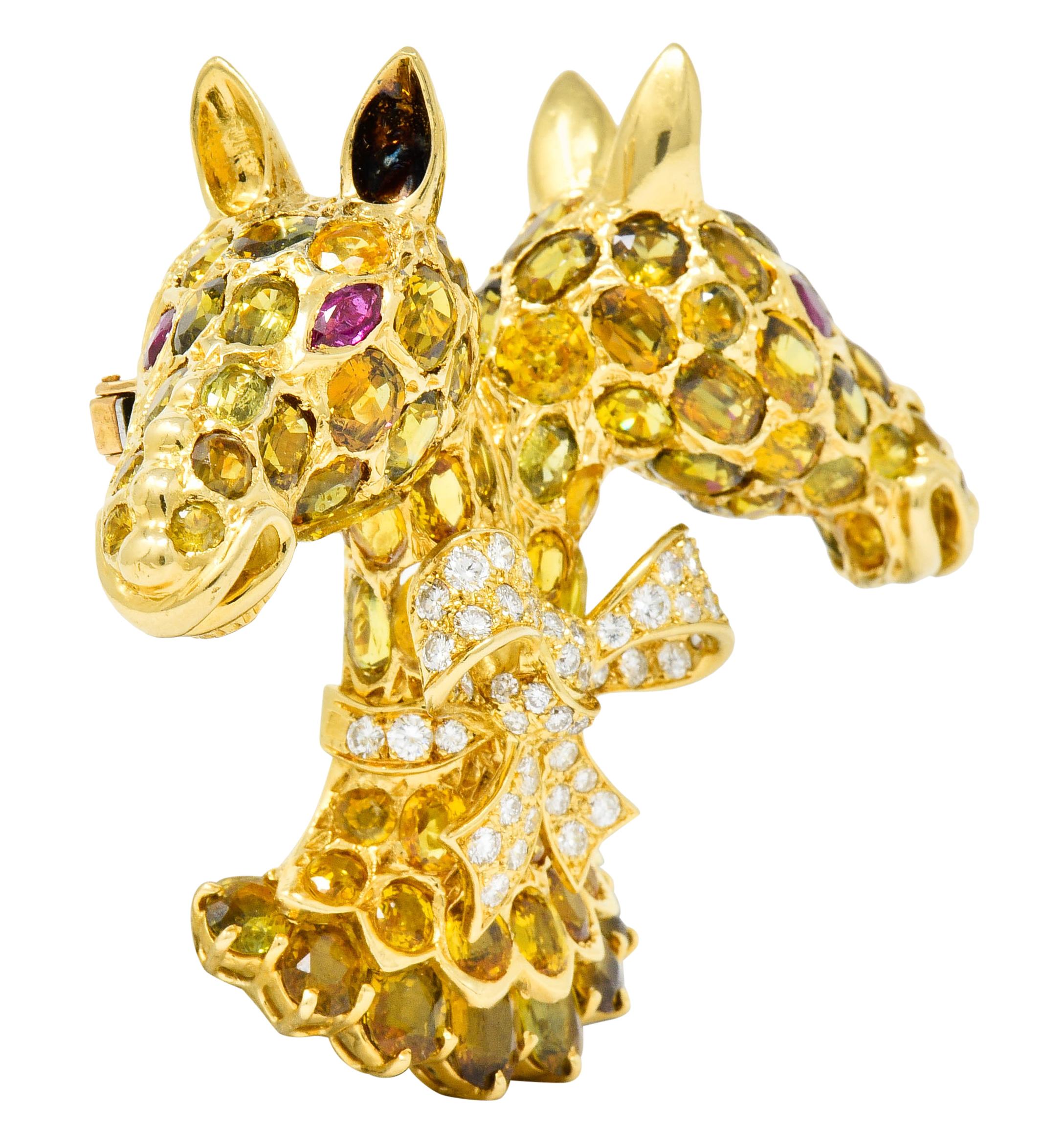 Contemporary Tiffany & Co. Ruby Sapphire Diamond 18 Karat Gold Giraffe Brooch