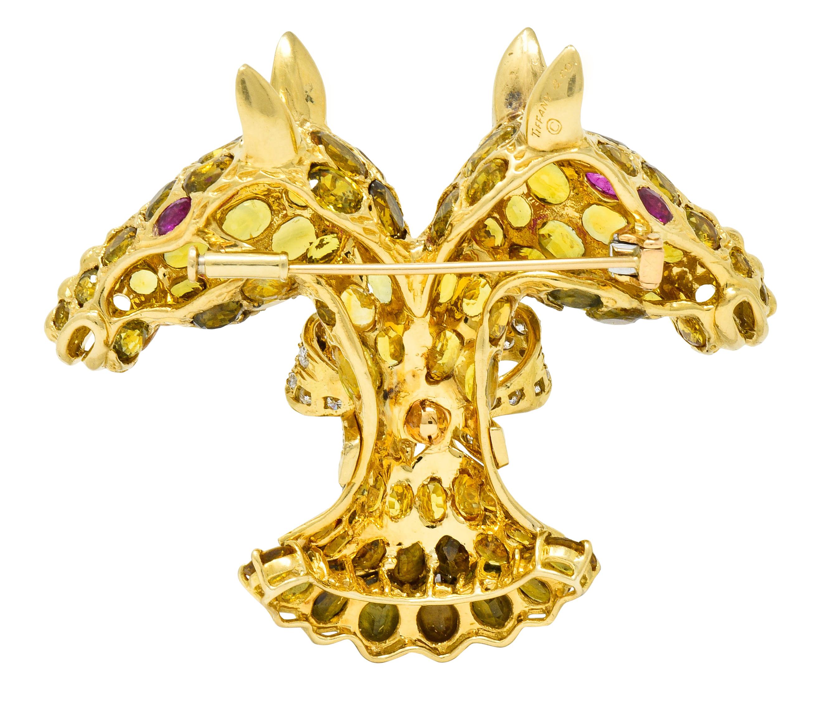 Brilliant Cut Tiffany & Co. Ruby Sapphire Diamond 18 Karat Gold Giraffe Brooch
