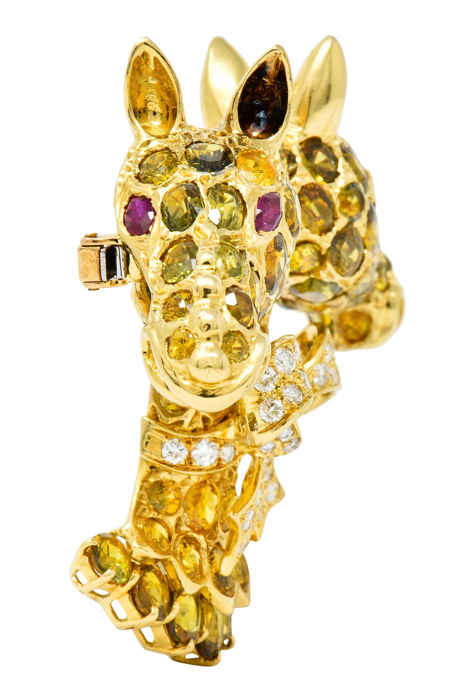 Women's or Men's Tiffany & Co. Ruby Sapphire Diamond 18 Karat Gold Giraffe Brooch