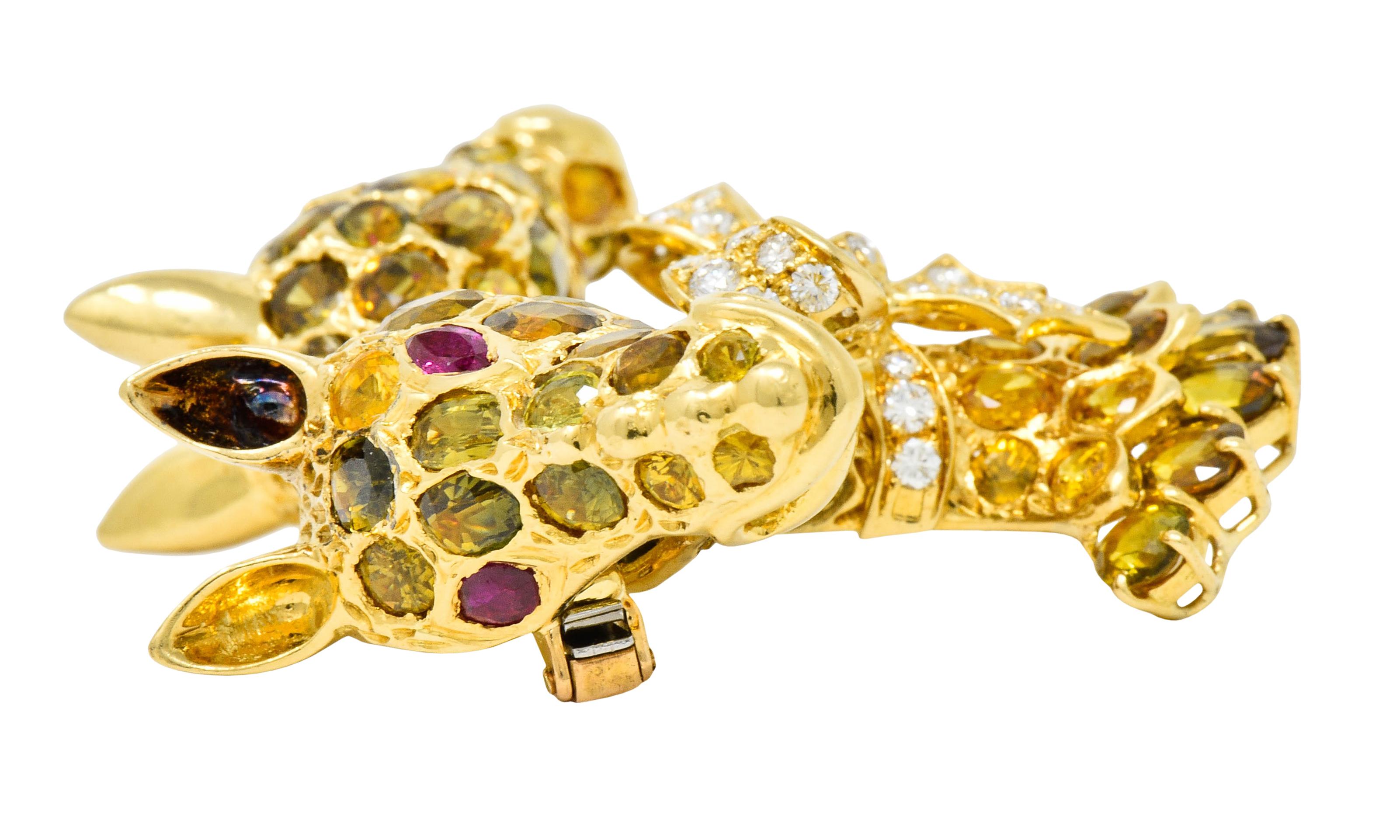 Tiffany & Co. Ruby Sapphire Diamond 18 Karat Gold Giraffe Brooch 1