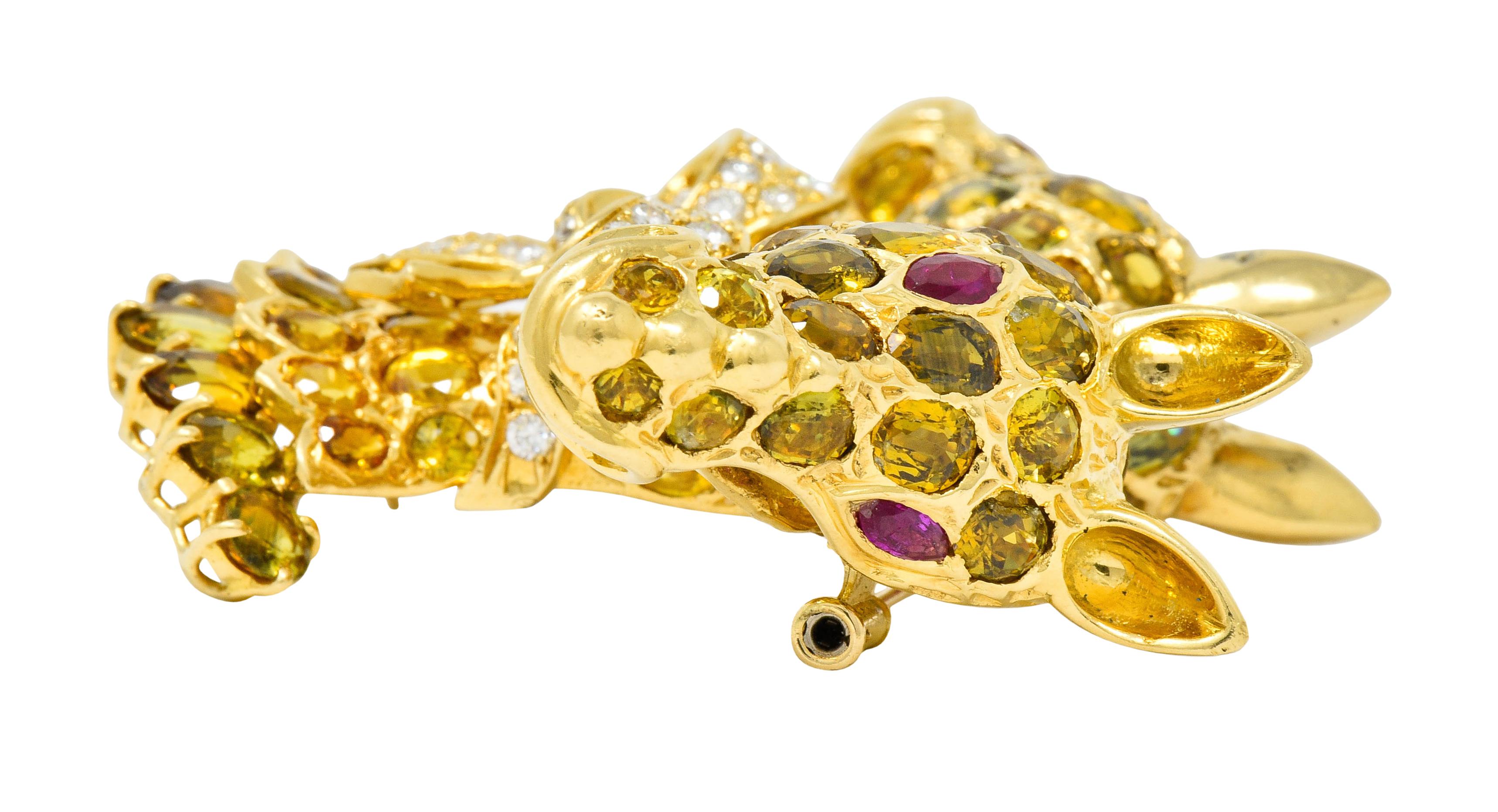 Tiffany & Co. Ruby Sapphire Diamond 18 Karat Gold Giraffe Brooch 3