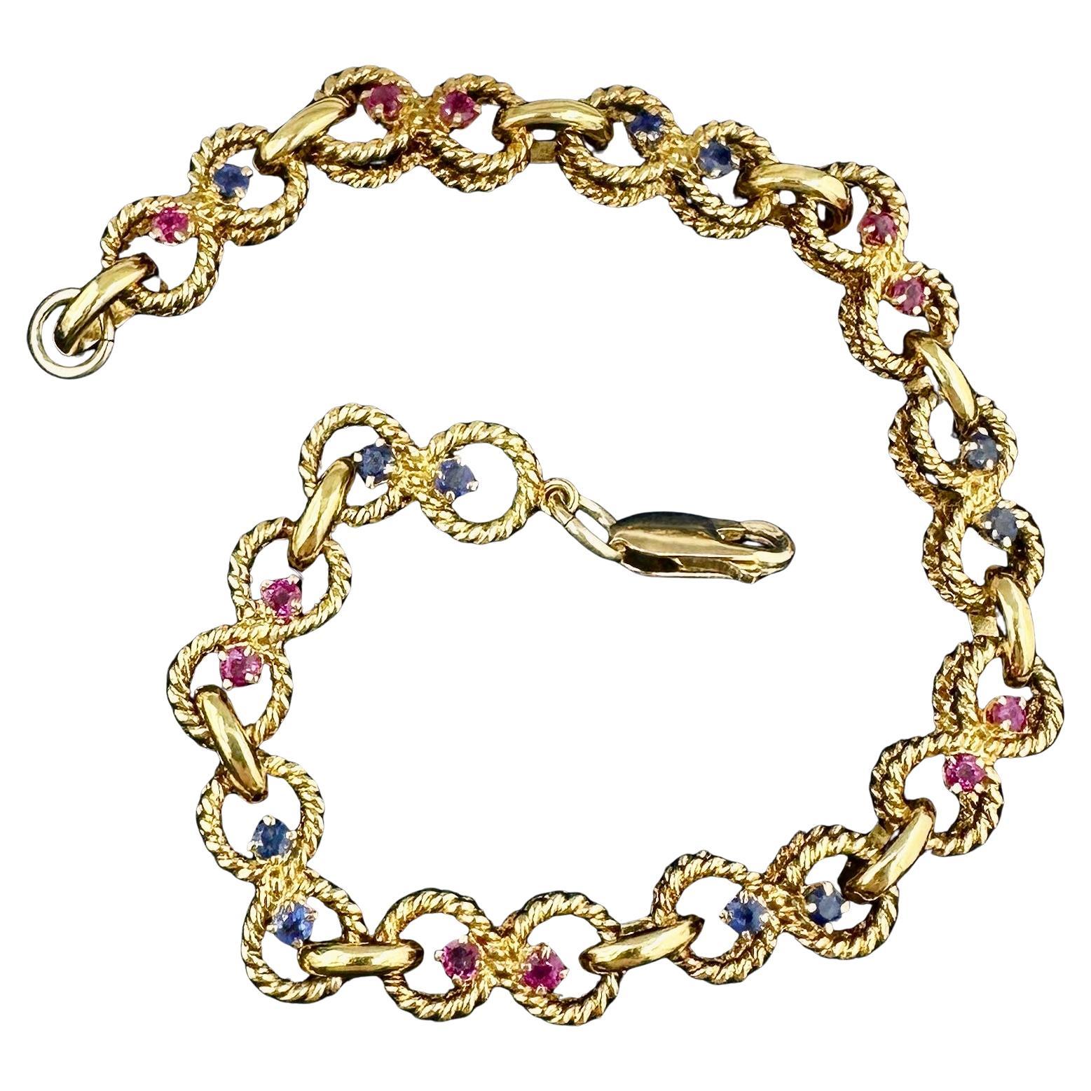 Tiffany & Co. Rubí Zafiro Pulsera Oro Amarillo 14 Kilates Antiguo Retro Tiffany en Excelente estado para la venta en New York, NY