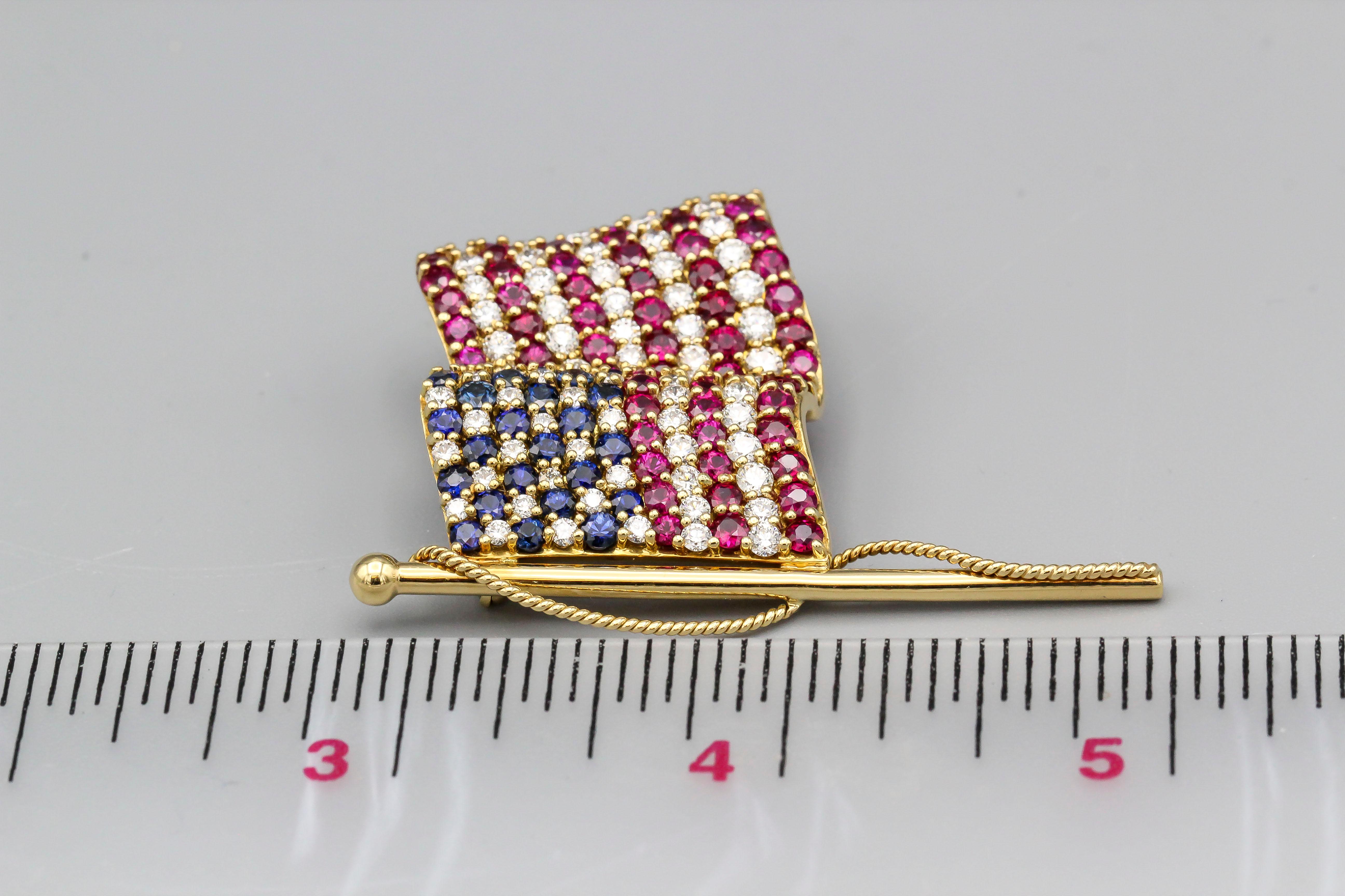 Women's or Men's Tiffany & Co. Ruby Sapphire Diamond 18k Gold American Flag Brooch