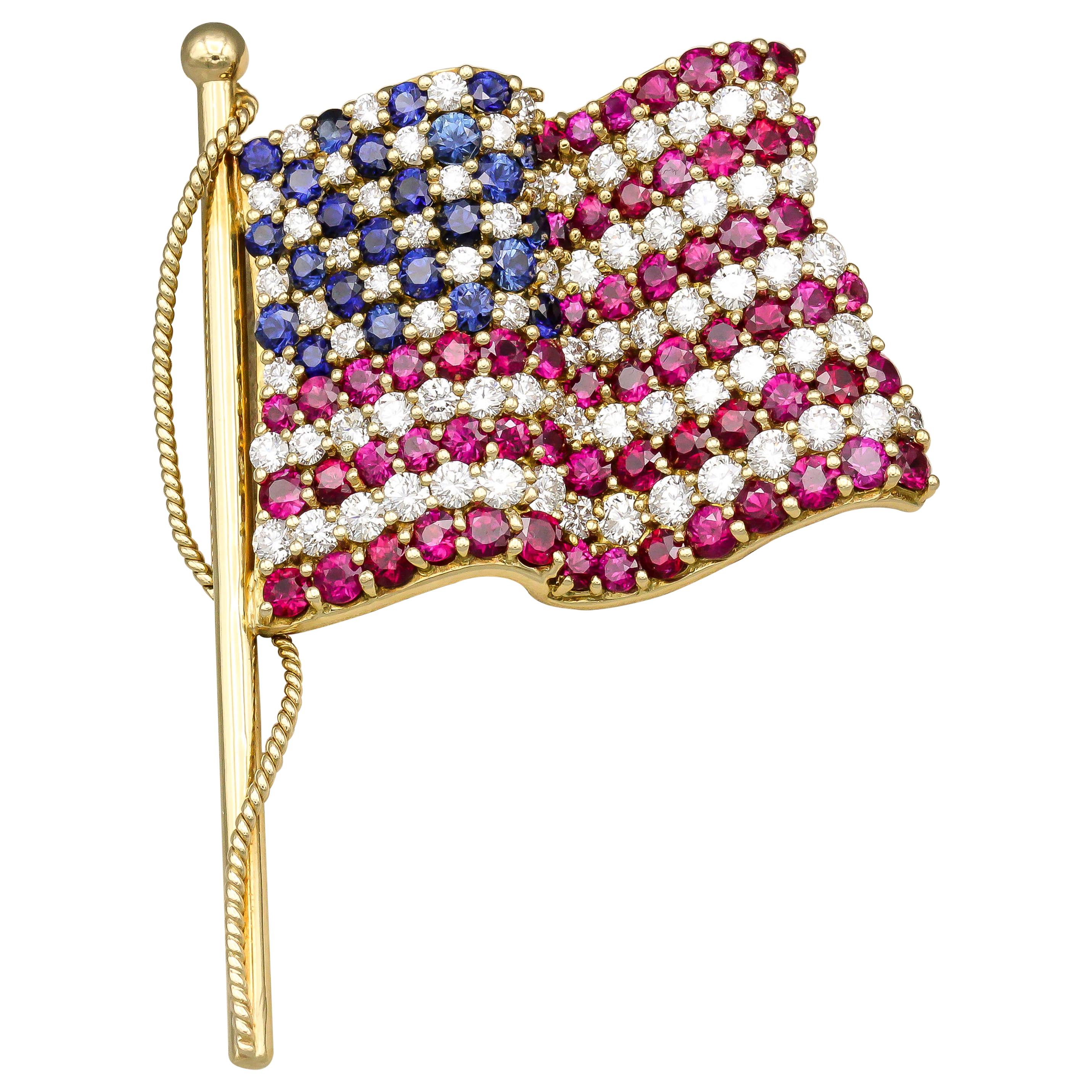 Tiffany & Co. Ruby Sapphire Diamond 18k Gold American Flag Brooch