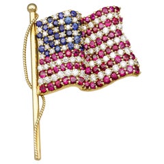 Tiffany & Co. Rubis Saphir Diamant Or 18k Broche Drapeau Américain