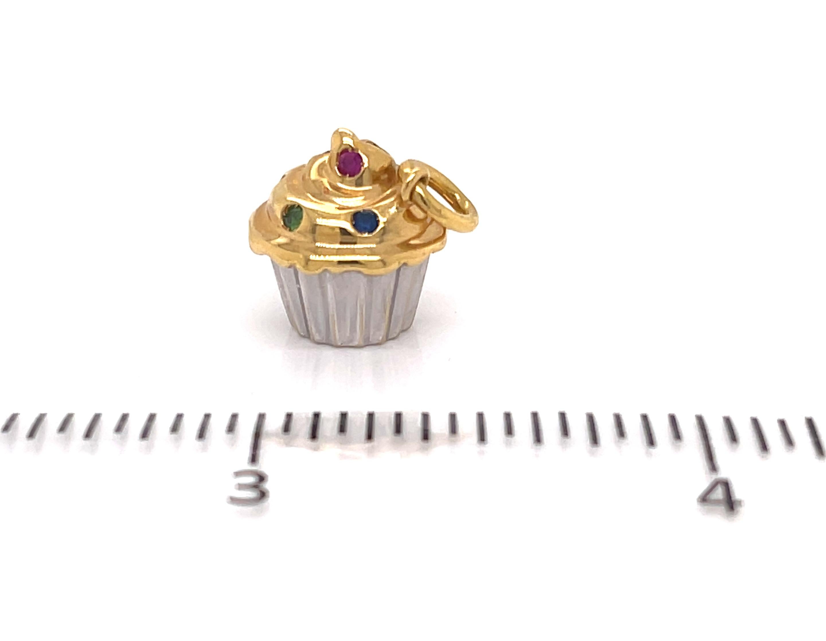 Tiffany & Co. Ruby Sapphire Emerald 18k Gold Cupcake Charm Pendant In Excellent Condition In Boca Raton, FL