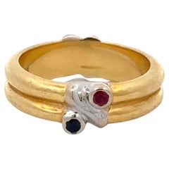 Tiffany & Co Ruby Sapphire 'X' Band Ring 18 Karat Yellow Gold Made in Italy