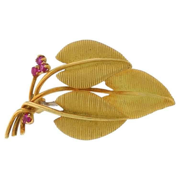 Tiffany & Co. Ruby Vintage Leaf Trio Brooch - Yellow Gold 18k Round .20ctw Pin For Sale