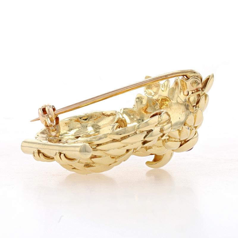 Brand: Tiffany & Co.
Era: Vintage

Metal Content: 18k Yellow Gold

Stone Information
Natural Rubies
Treatment: Heating
Carat(s): .30ctw
Cut: Round Cabochon
Color: Pinkish Red

Total Carats: .30ctw

Style: Brooch
Fastening Type: Hinged Pin and Whale