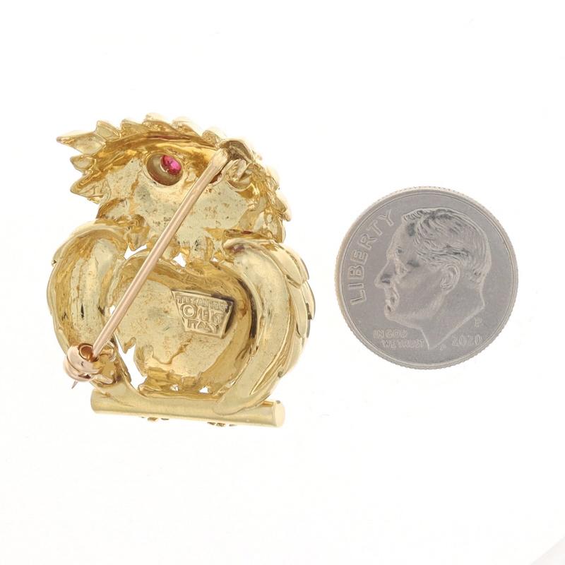 Cabochon Tiffany & Co. Ruby Vintage Owl Brooch - Yellow Gold 18k .30ctw Perching Bird Pin