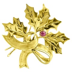 Vintage Tiffany & Co Ruby Yellow Gold Holly Brooch