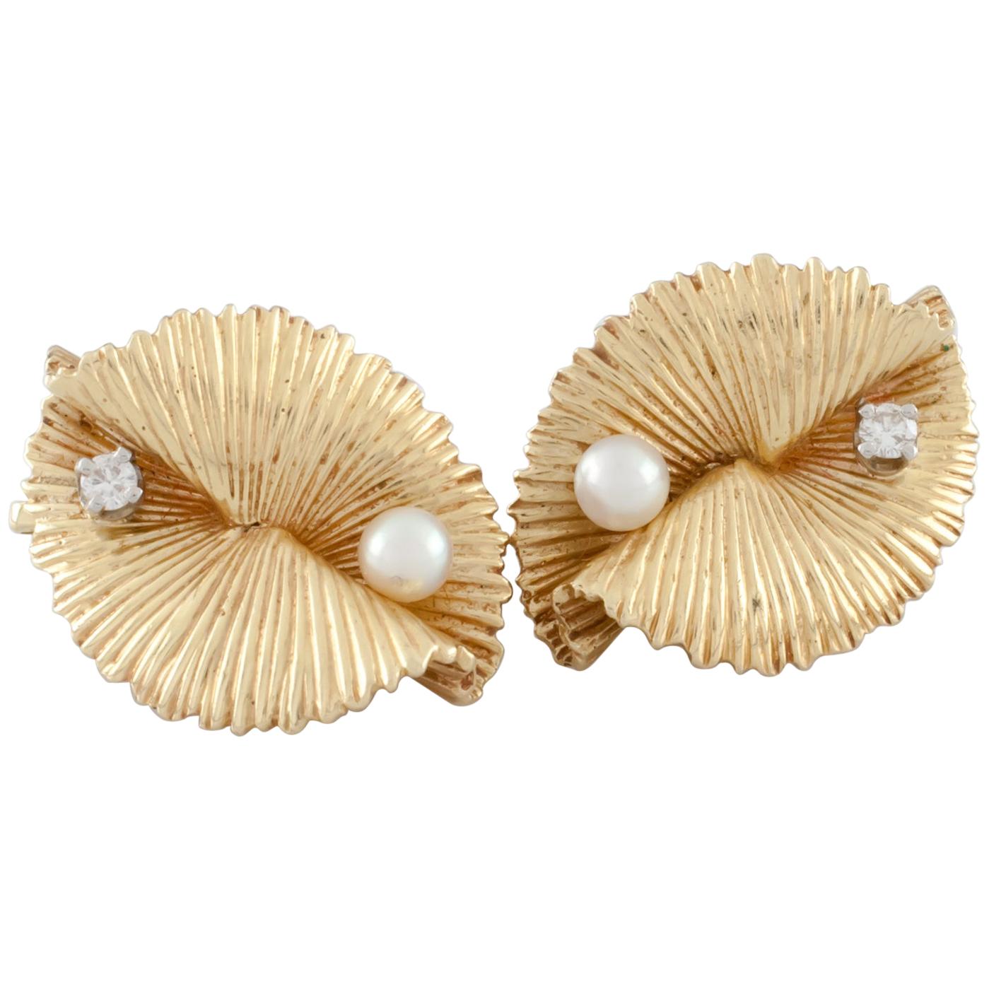 Tiffany & Co. Ruffle Diamond and Pearl Clip-On Earrings Set in 14K Yellow Gold