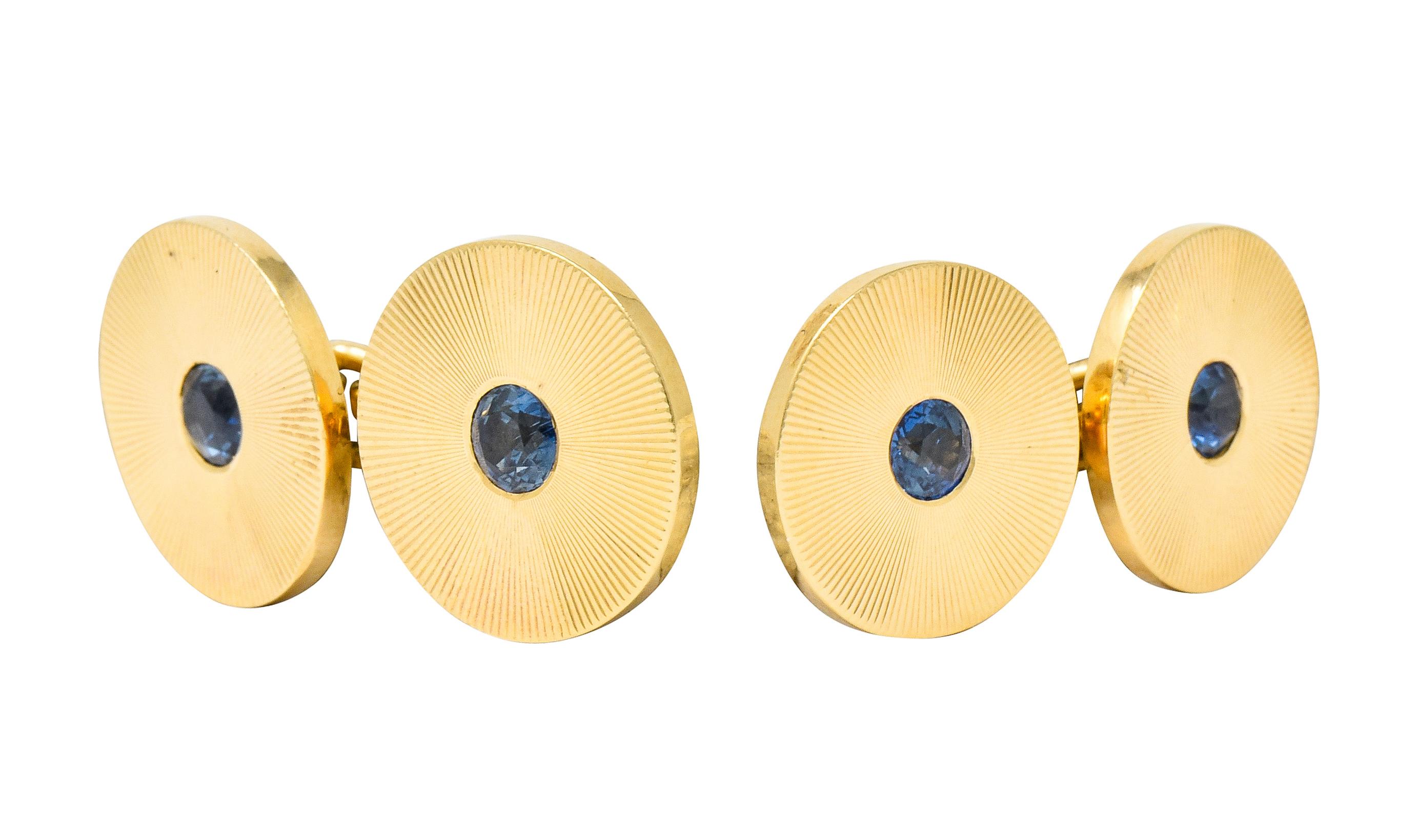 Round Cut Tiffany & Co. Sapphire 14 Karat Gold Retro Men's Radiating Disk Dress Cufflinks