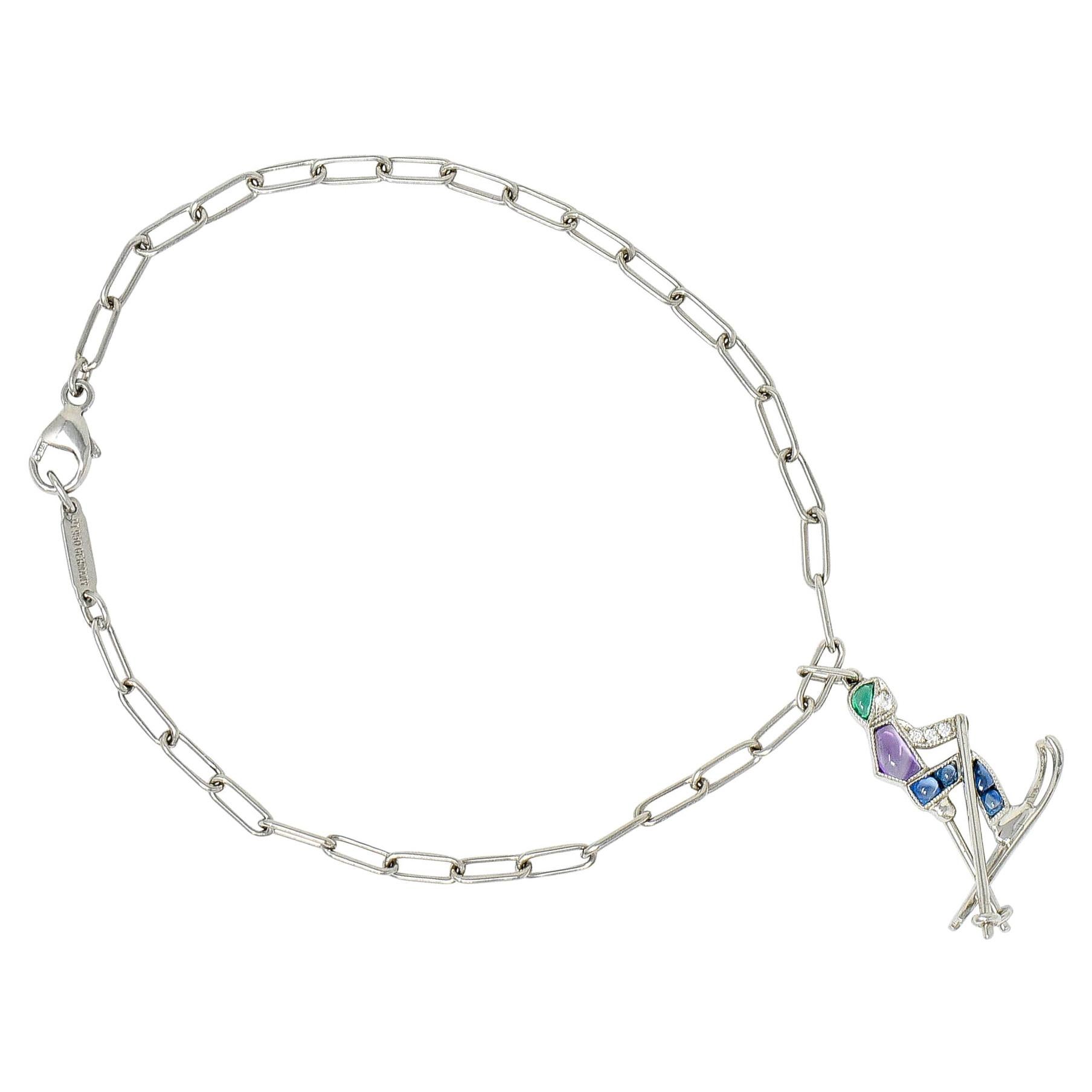Tiffany & Co. Sapphire Amethyst Emerald Diamond Platinum Ski Charm Bracelet