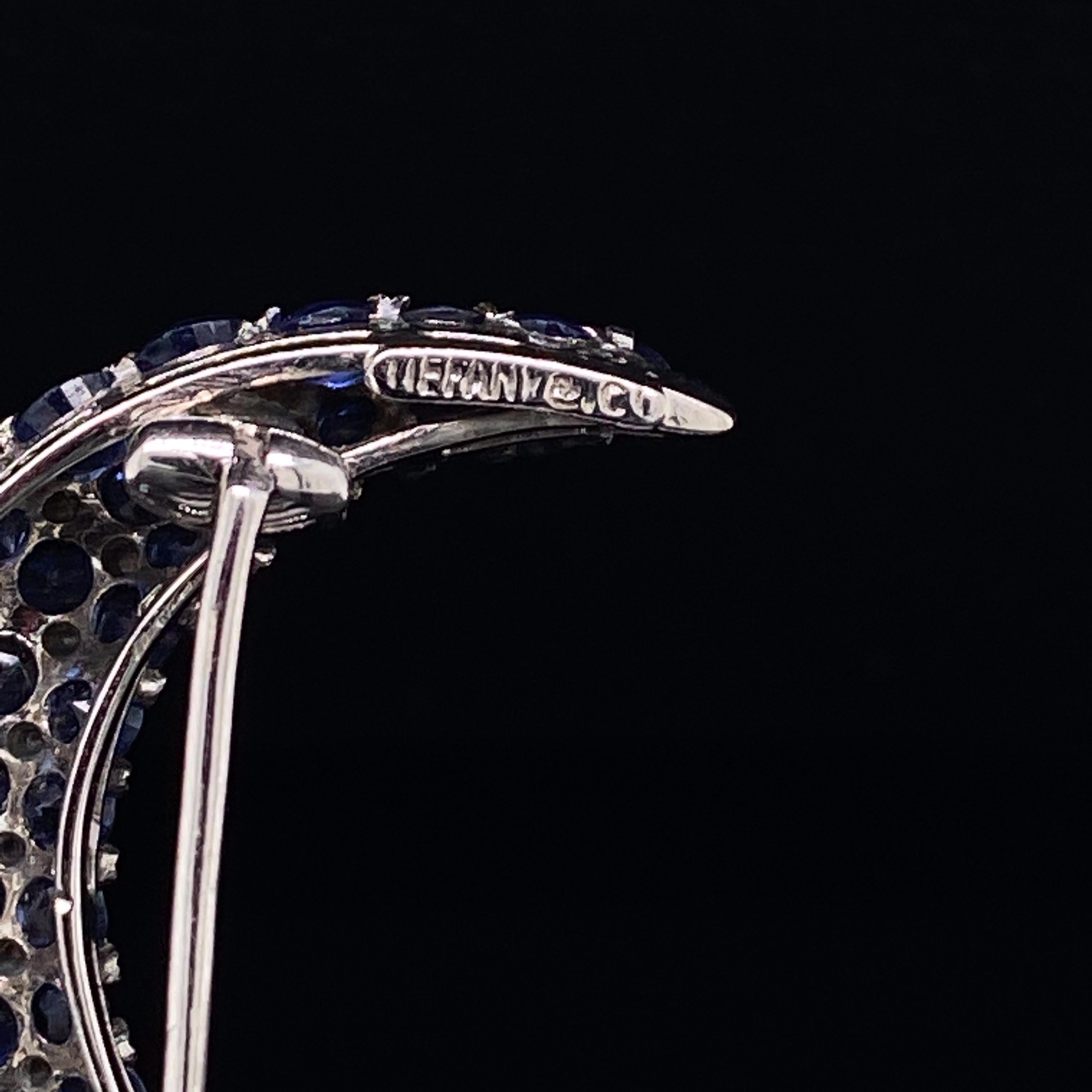 Women's Tiffany & Co. Sapphire and Diamond 18 Karat White Gold Crescent Moon Brooch For Sale