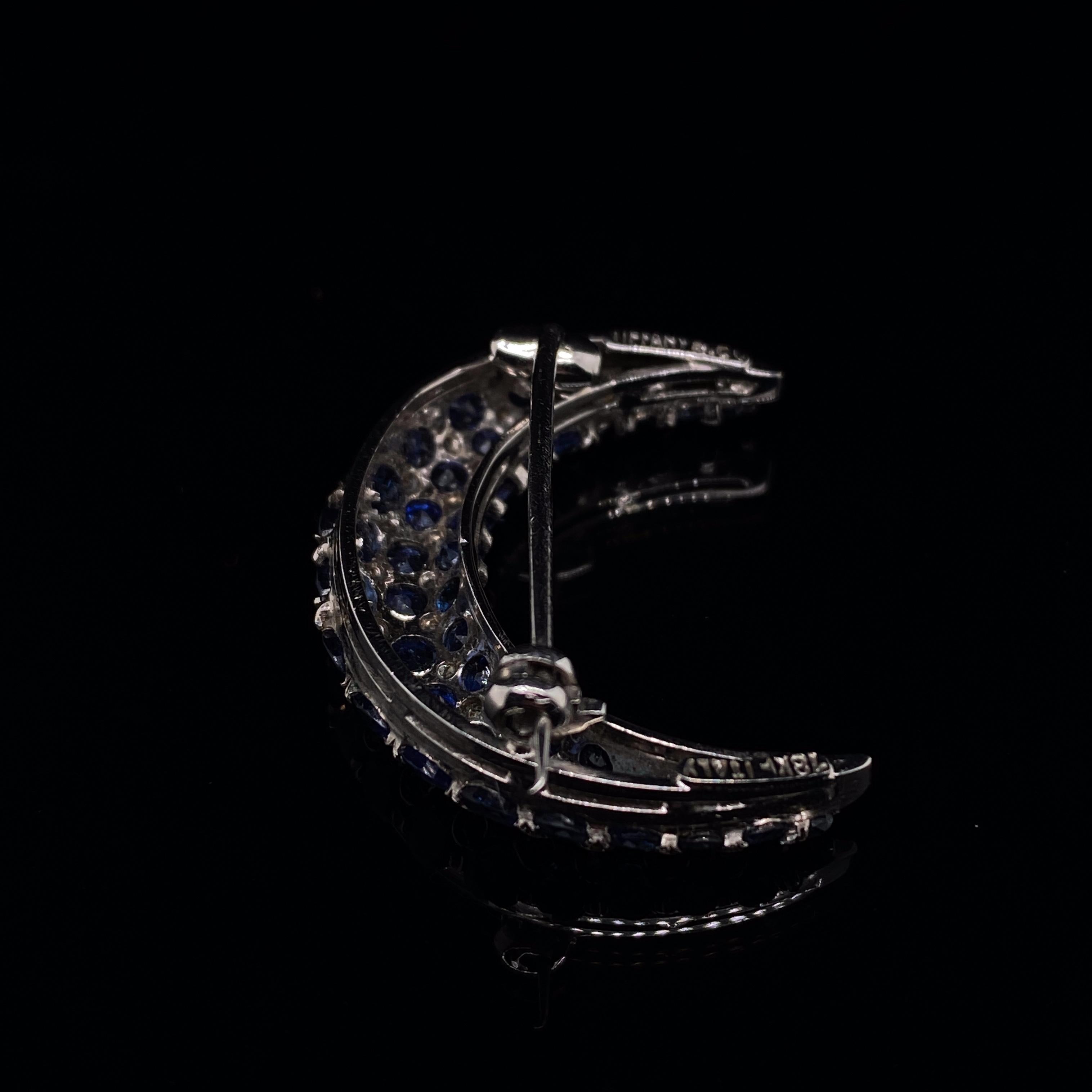 Tiffany & Co. Sapphire and Diamond 18 Karat White Gold Crescent Moon Brooch For Sale 1